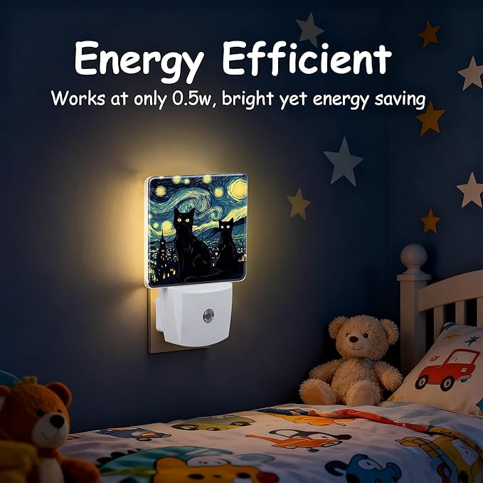 Starry Night Black Cat Night Light for Kids, Dusk-to-Dawn Auto Sensor Plug in Night Light, 0.5W Energy Saving Non-Toxic Design for Bedroom/Bathroom, Ideal Gifts for Women, Men & Kids