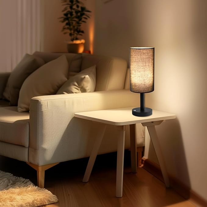 Small Table Lamp Nightstand Lamp Linen Lampshade Bedroom Wood Base Small Bedside Lamp for Night Stands, Desk Lamps for Reading Living Room, Office (LED Bulb Included) (Black and Cordless)