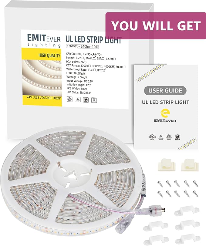 EMITEVER Outdoor LED Strip Lights Waterproof 4000K Netural White, 16.4ft IP67 24V Tape Light UL Listed, 240+LM/ft, High Density 600LEDs, Lighting for Bathroom,Pool,Patio,Garden(Power Not Included)