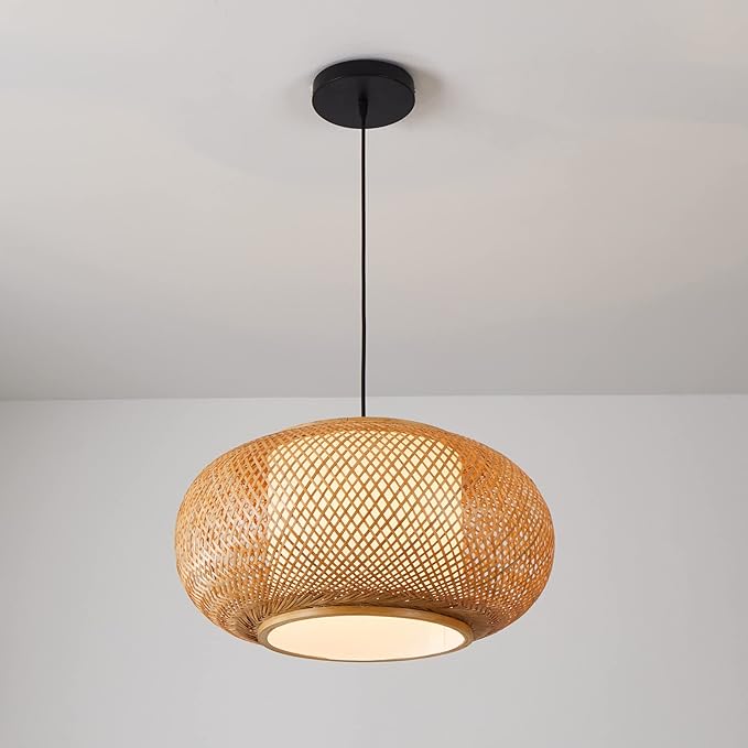 Bamboo Pendant Light Basket Weave Hanging Light, 1 Light Elegant Rattan Chandelier for Kitchen Island Nursery (19")