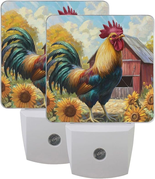 Rooster Farmhouse Night Light 2 Pack Dusk to Dawn Sensor Led Lamp for Women Men Night Lights Plug into Wall Decor for Bedroom Kitchen Corridor, 0.5W