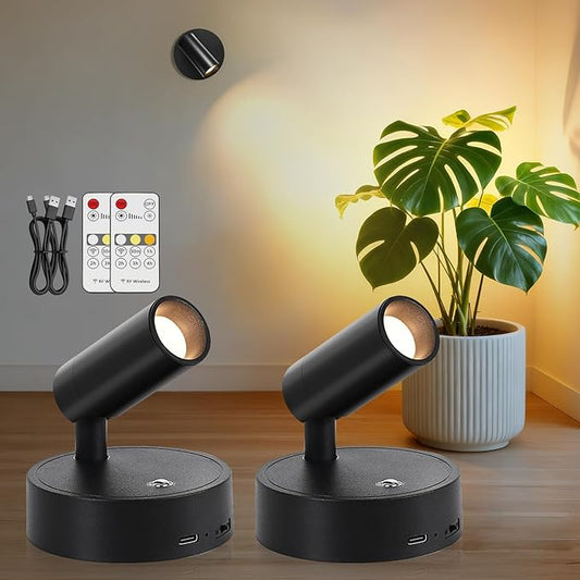 Spotlight Indoor, Wireless Battery Operated with Remote,Uplight Indoor Down Light for Picture on Wall, Plant Spotlight Dimmable Timer, Mini Ceiling Lights Painting for Trees Plant,Black 2 Pack