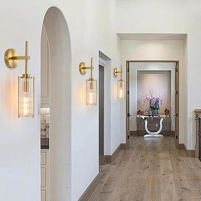 Modern Brass Wall Sconce,18" Gold Wall Sconces,Bathroom Vanity Light Fixtures with Vertical Striped Glass Tube,Modern Lamp Lighting for Bedroom,Living Room,Hallway,Staircase,Mirror