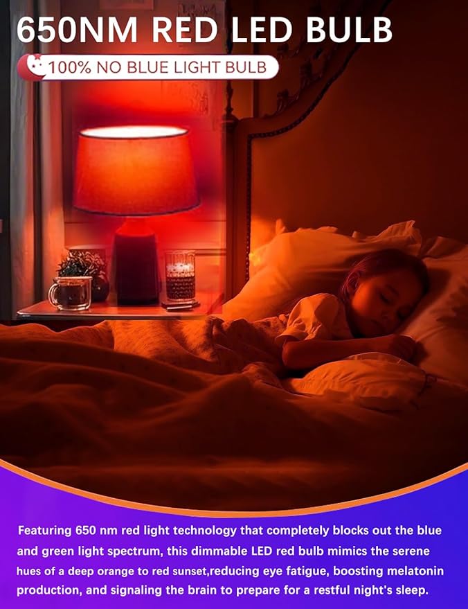 LED Red Sleep Light Bulb Dimmable, 100% Blue Light Blocking Bulb 650nm Promoting Melatonin Red Light Bulbs, A19 7W E26 Base Dim Light Bulbs for Bedroom, Baby Nursery,2 Packs