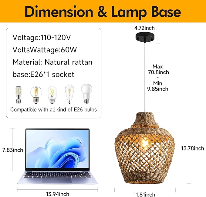 2-Pack Rattan Pendant Light,Bohemian 11.81” Wicker Chandelier,Hand Woven Hanging Seagrass Chandeliers Fixture, for Farmhouse Kitchen Island Boho Dining Living