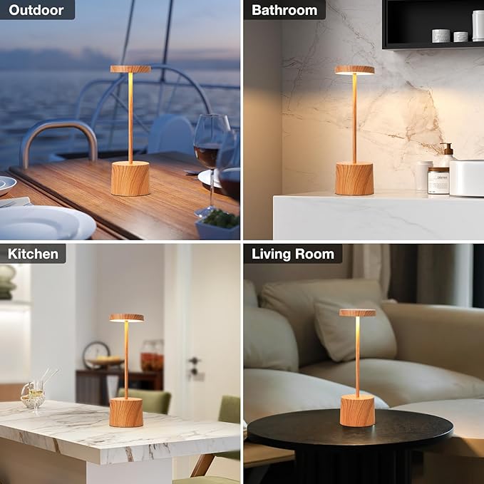 Kakanuo Wooden Rechargeable Cordless Lamp - Touch Control, 3 Color Temperature, LED Outdoor Wireless Lamp, Battery Operated Lamps, Stepless Dimmable, Set of 2