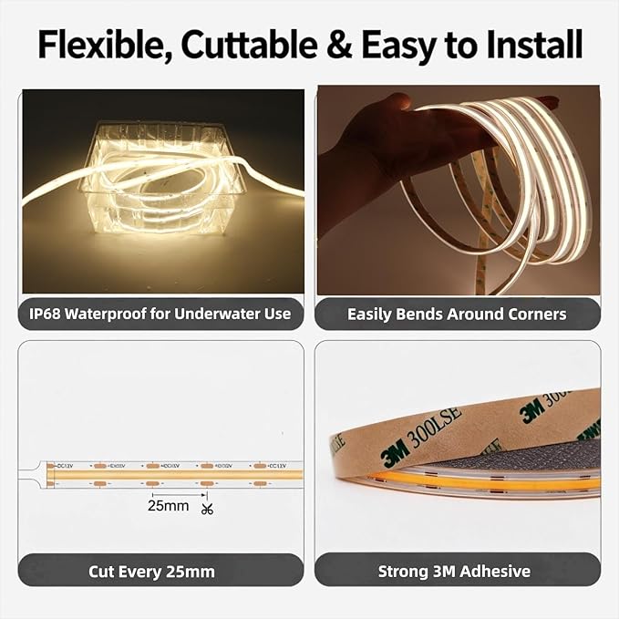 COB LED Strip Light IP68 Waterproof, 16.4FT 12V High Density 480 LEDs/m CRI>90 4000K Natural White Solid Silicone Sealed Dotless LED Tape Light for Outdoor, Pool, Bathroom, Landscape (No Power Supply)