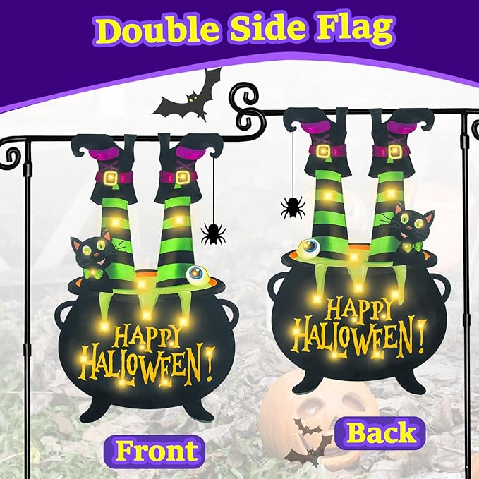 Halloween Lighted Garden Flag, Solar Welcome Ghost Yard Flag for Outside, 8 Modes Double Sided Welcome Halloween Ghost Outdoor Decorations for Home Porch