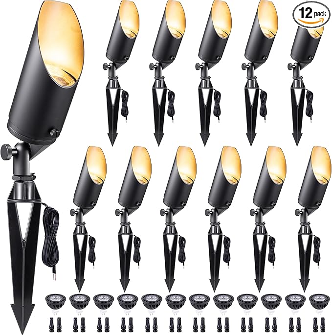 Gardenreet Die-Cast Brass Spot Light Outdoor - 12V Uplighting Waterproof, LED Low Voltage Landscape Lights Metal, Black for Fence Fountain with Bright White MR16 Replaceable Bulbs (12 Pack)