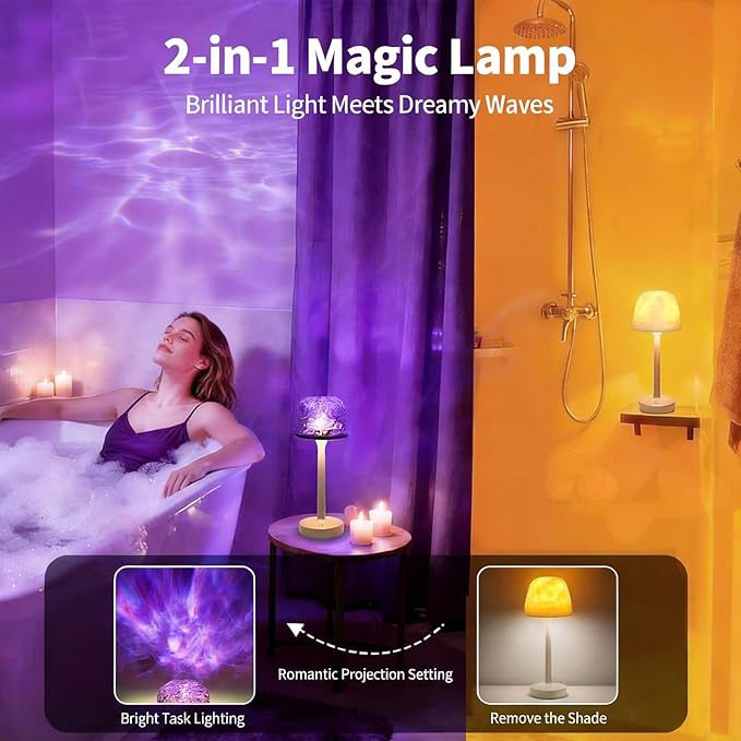 Cordless Waterproof Shower Lamp, Rechargeable Bathroom Lamp with Remote & Touch Control 16 Color Changeable Ocean Wave Projector Light, Spa-Like Mood Light for Bathtub/Shower (Beige)