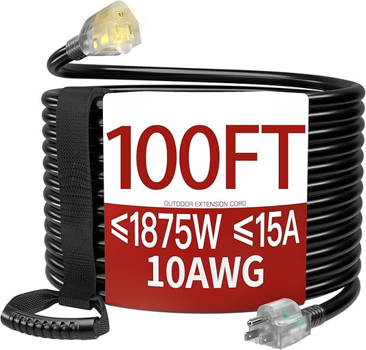 100 FT 10 Gauge Extension Cord Outdoor, Heavy Duty Weatherproof & Flame Retardant Black 3 Prong Power Cord with Light, Outside for Lawn & Garden, 15 Amps 1875 Watts 125 VAC 10AWG SJTW, ETL Listed