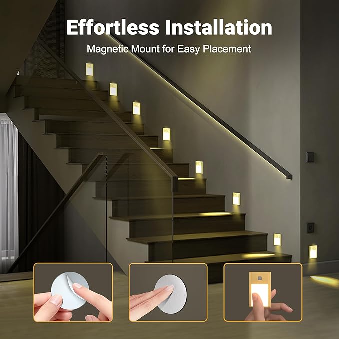 V4light Rechargeable Motion Sensor Night Lights, 4-Pack - Brushed Gold Aluminum Alloy, Ultra-Compact Magnetic Mount, 3000K Warm White Glow, Ideal for Hallways, Bedrooms, Stairs & Nightly Use