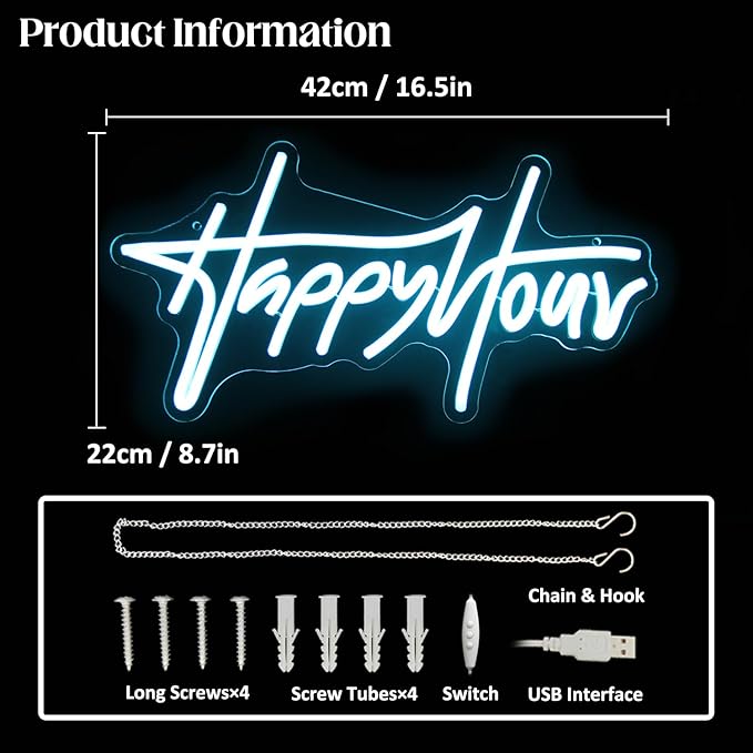 Happy Hour Neon Sign Blue Letter LED Neon Lights Dimmable Neon Bar Sign Words Neon Light Up Sign for Bar Pub Restaurant Hotel Man Cave Party USB Powered Wall Art
