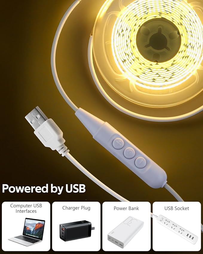 Aclorol COB LED Strip Lights USB Powered 16.4FT/5M 1600Leds Warm White 8mm Width Dimmable COB Tape Light Flexible and Cuttable LED Strip for Bedroom TV Backlight Stairs DIY Lighting CRI85+ 3000K