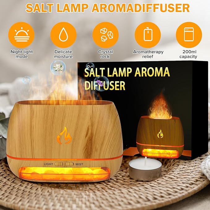 3-in-1 Ultrasonic Essential Oil Diffuser & Himalayan Salt Lamp Diffuser & 7 Colors Changing Oil Diffuser,100% Pure Himalayan Pink Salt Rock, Waterless Auto off-200ml (Wooden Grain)
