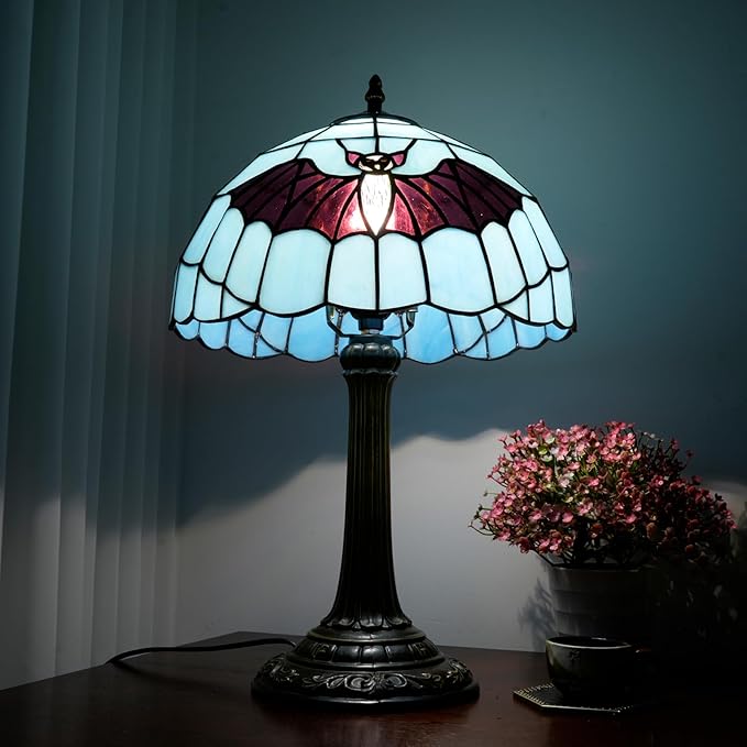 Tiffany Lamp Stained Glass Lamp 12 Inch Tiffany Style Blue Background With Black Bats Bedside Lamp Classical Art Decor Bedroom Living Room Dining Dormitory Table Vintage Home Decor The Ideal Gift