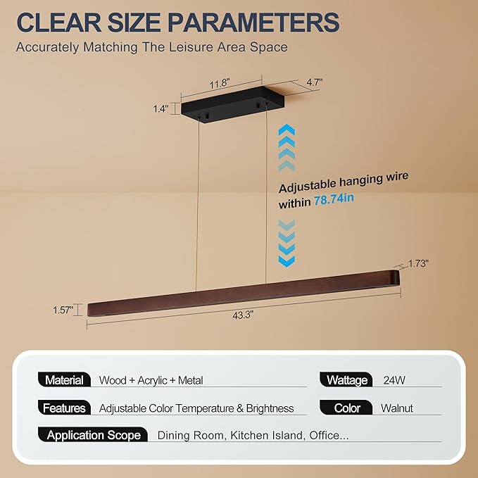 43" Wood Linear Pendant Light, Dimmable Kitchen Island Lighting with Remote, 24W LED Hanging Pendant Light, Adjustable Linear Chandelier for Dining Room, Kitchen Island, Bar, Office-Walnut