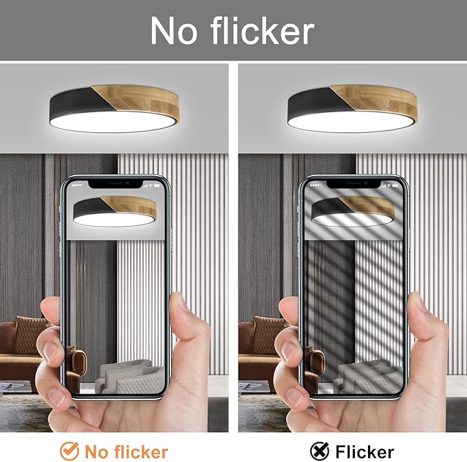 Led Ceiling Light Flush Mount: 12 Inch 24W Bedroom Light Fixture with Round Wood Modern Black Flat Overhead Minimalist Ceiling Lamps for Kitchen Hallway Laundry Cold White 6000K, Not Dimmable