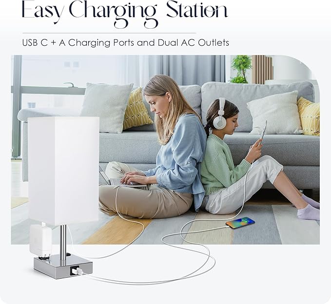 Soilsiu Set of 2 Bedside Table Lamp 3 Way Dimmable Nightstand Lamp with USB C & USB A Charging Port, 2 AC Outlets, 3000K LED Bulbs (White)