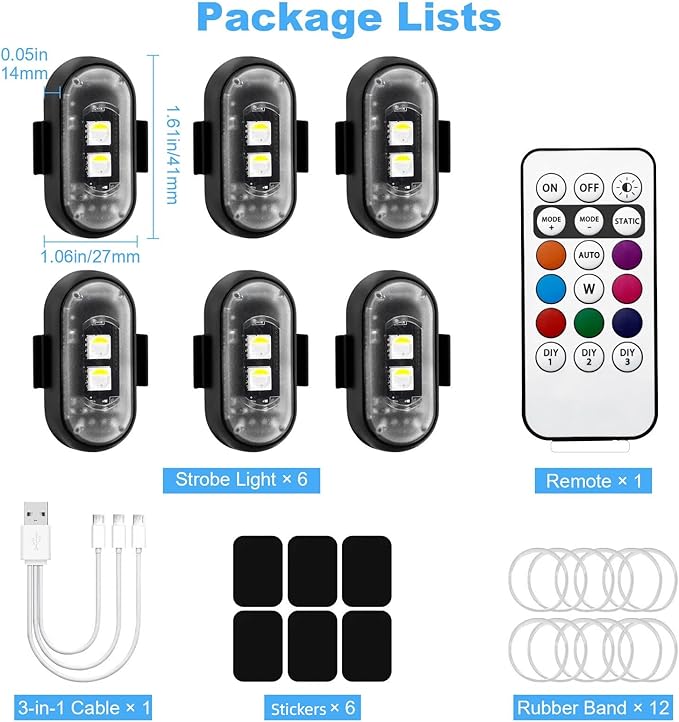 PIFOOG 6PCS Wireless LED Strobe Lights with Remote Control Anti Collision Light RGB Magnetic Rechargeable Motorcycle Light for Cars Trucks Bike Scooter Night Driving Warning Flashing Strobes Lights