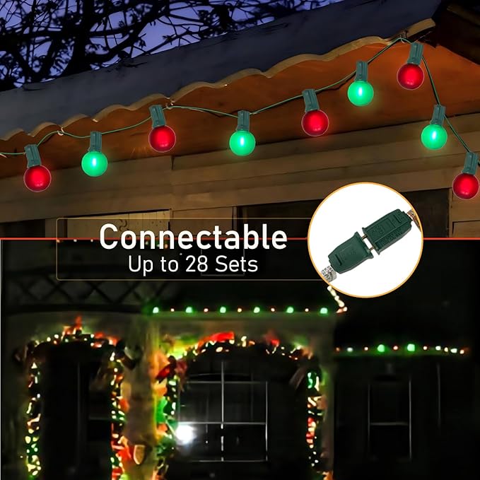 50Ft Outdoor Frosted Red and Green Christmas Lights,G40 Globe Patio Christmas Lights with 25 Red and Green Bulbs(2 Spare),Vintage Hanging Xmas for Tree Garden Porches Holiday