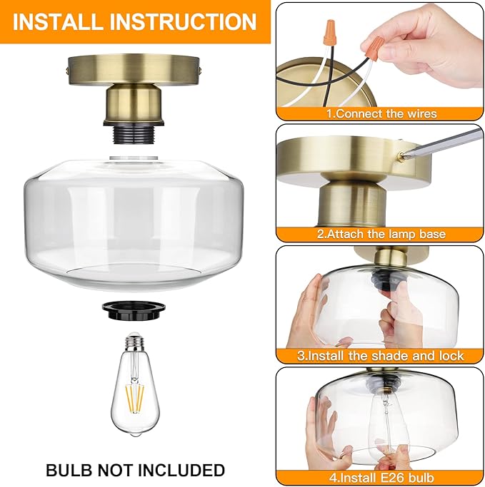 MAXvolador Industrial Semi Flush Mount Ceiling Light Brass, Clear Glass Pendant Lamp Shade, Farmhouse Lighting Hallway, Vintage Hanging Light Fixture