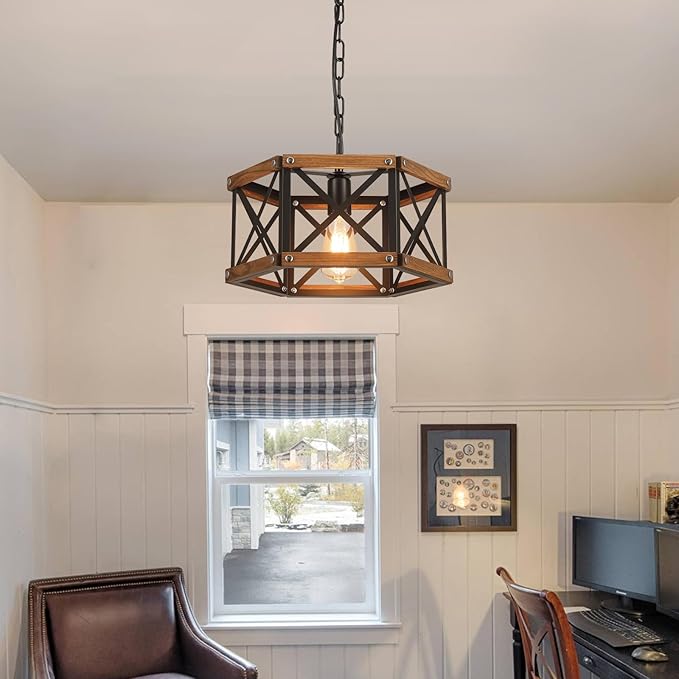 Rustic Farmhouse Wood Pendant Light Fixture One-Light Adjustable Chain 14.5 inch Oak Wood and Metal Cage Hexagon Pendant Lighting for Kitchen Island Dining Room Farmhouse Entry, Black