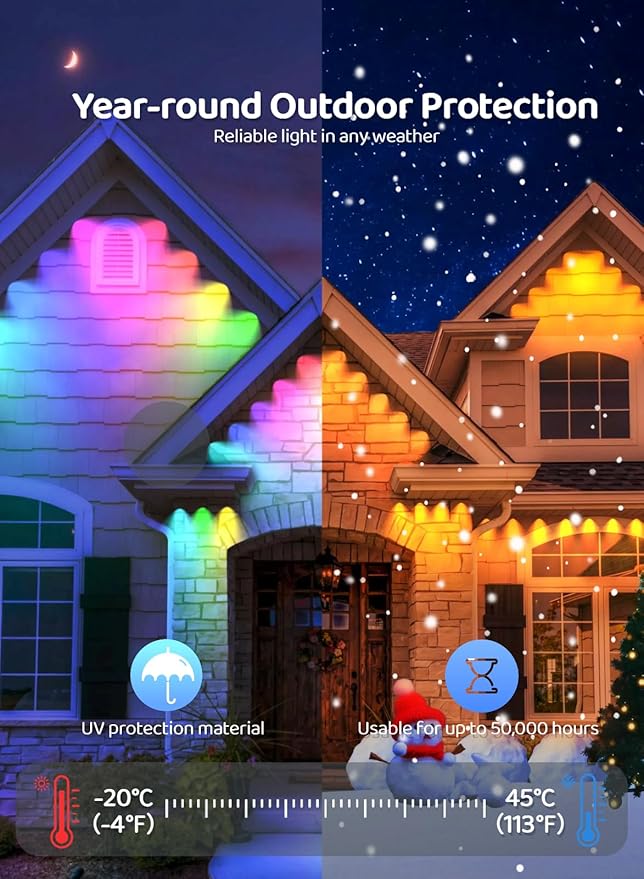 Gaoxun 200ft Permanent Outdoor Lights, RGBW Smart LED Christmas Lights with 72 LED, APP/Remote Control, Dimmable, 47 Scene Modes, Timer, IP67 Waterproof Eaves Lighting for Daily Holiday Decorations
