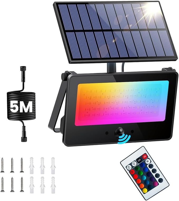 Solar Color Changing Flood Lights Outdoor, 16.4FT Cable 16 Million RGB Solar Powered Party Lights Waterproof with Remote Control for Outside BBQ Bars Stage Shed Courtyard Garden(Multicolor)