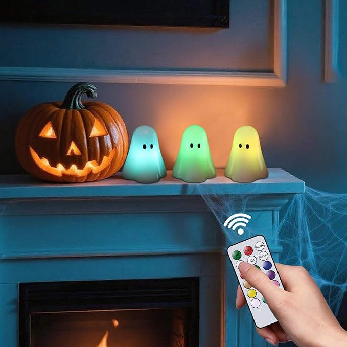 DRomance Halloween Ghost Flameless Candles Battery Operated with 18-Key Remote and Timer Set of 3 Real Wax Color Changing LED Flickering Candles Spooky Halloween Indoor Decoration(3" D x 3.5" H)