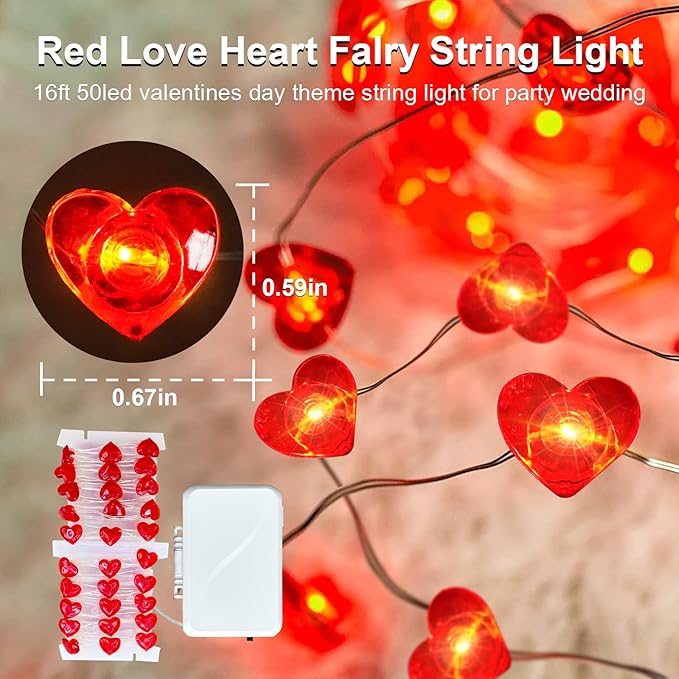 Aogist 50LED Valentine's Day Fairy Lights -16ft Super Bright 3D Red Heart String Light Battery Operated Mather's Day Gift Decor for Indoor/Outdoor Party Home Yard Tree Decor,1 Pack