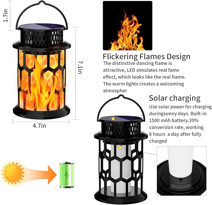 Solar Lanterns Outdoor Waterproof, Flickering Flame Hanging Solar Lantern Camping Solar Powered Lights Decorative Lights for Christmas Decorations Home Garden Patio Deck Yard Path, 2 Pack