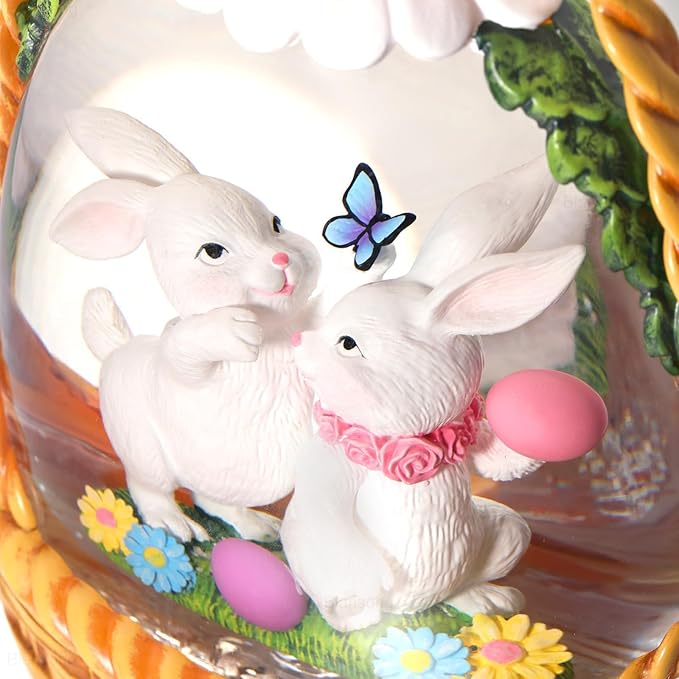 Easter Snow Globe Bunny Snow Globe Basket with Timer, USB and Battery Powered, Easter Decorations for Home Eggs Basket