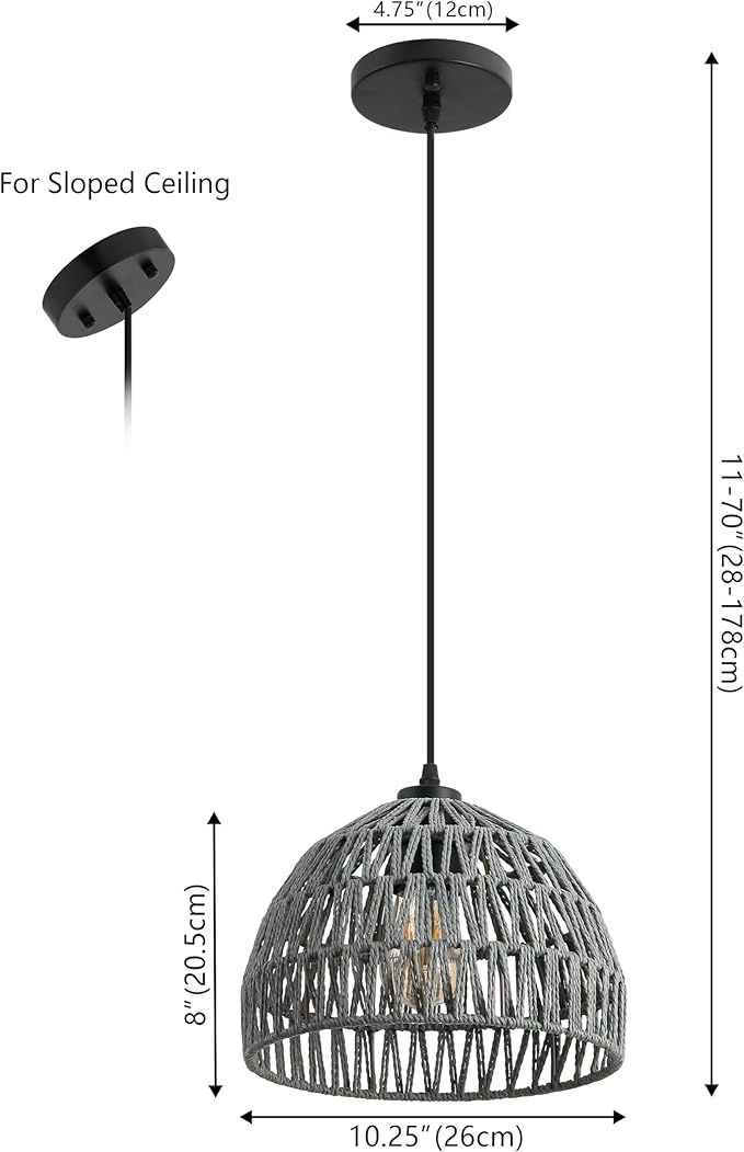 JONATHAN Y 10.25" Gray Modern Bohemian Woven Rope LED Pendant Light Fixture, Adjustable Dome Ceiling Lamp for Kitchen Island, Rope Shade, Coastal Farmhouse Decor (JYL6513D)
