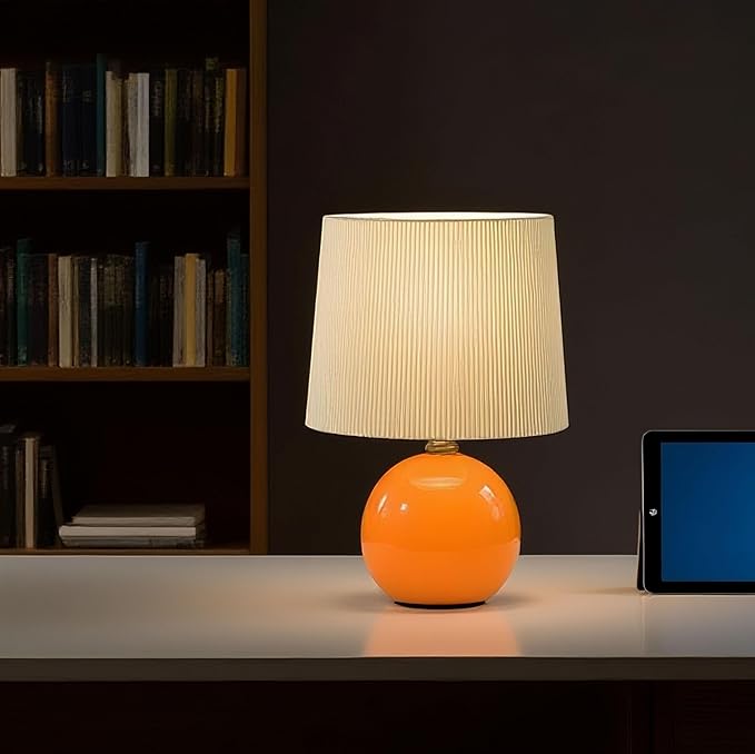 jonong Small Pleated Table Lamp, Ceramic Desk lamp,Modern Bedside Nightstand Lamp with Beige Lampshade, Cute Lamp for Bedroom Living Room Home Office Decor,Kids, Women, for Gift Present (Orange, M)