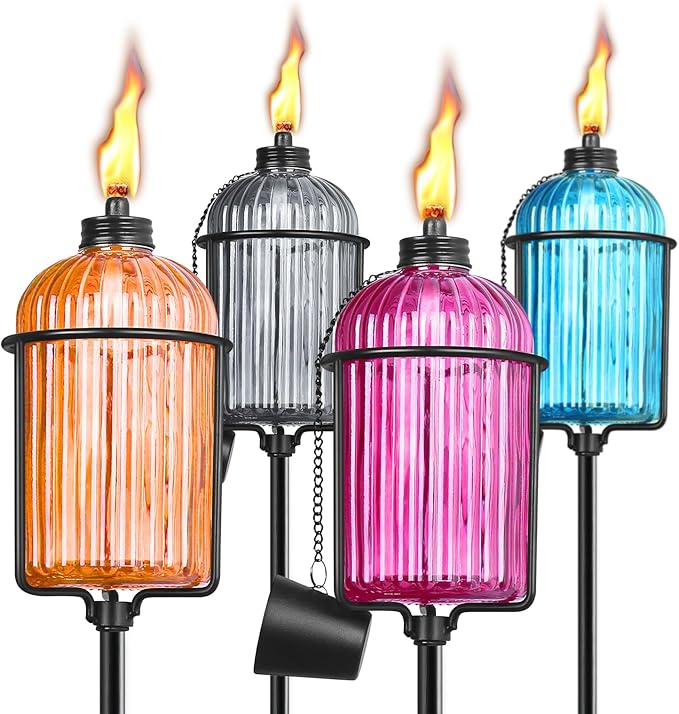 4 Pack Glass Garden Torch, 13.5 oz Colorful Outdoor Torch Garden Décor, 61-Inch Upgraded Citronella Torches with 3-Prong Grounded Stake, Metal Light Torches for Party Patio Pathway
