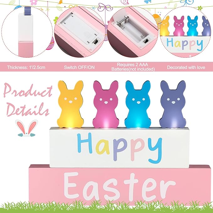 Bucherry Light up Happy Easter Sign Decorations Wooden Easter Bunny Decoration with LED Lighted for Table Pastel Farmhouse Spring Decor for Tiered Tray Shelf Decor for Home Living Room