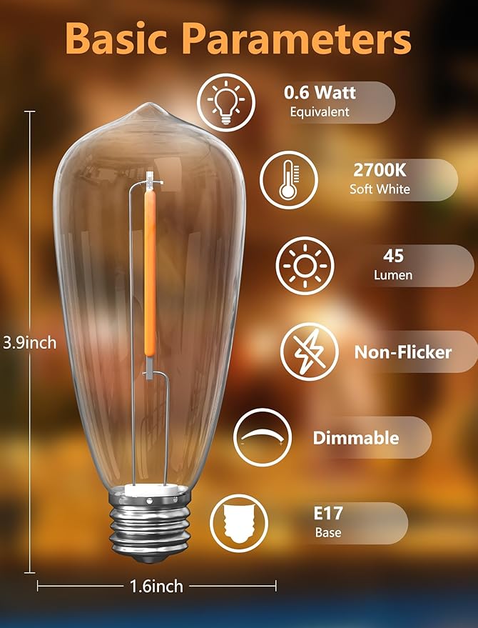 ST40 LED Edison Replacement Bulbs 10 Clear Light Bulbs 0.6 Watt LED String Light Bulbs, Outdoor String Lights Replacement Bulbs, Patio Lights Shatterproof Bulb C9/E17 Intermediate Base