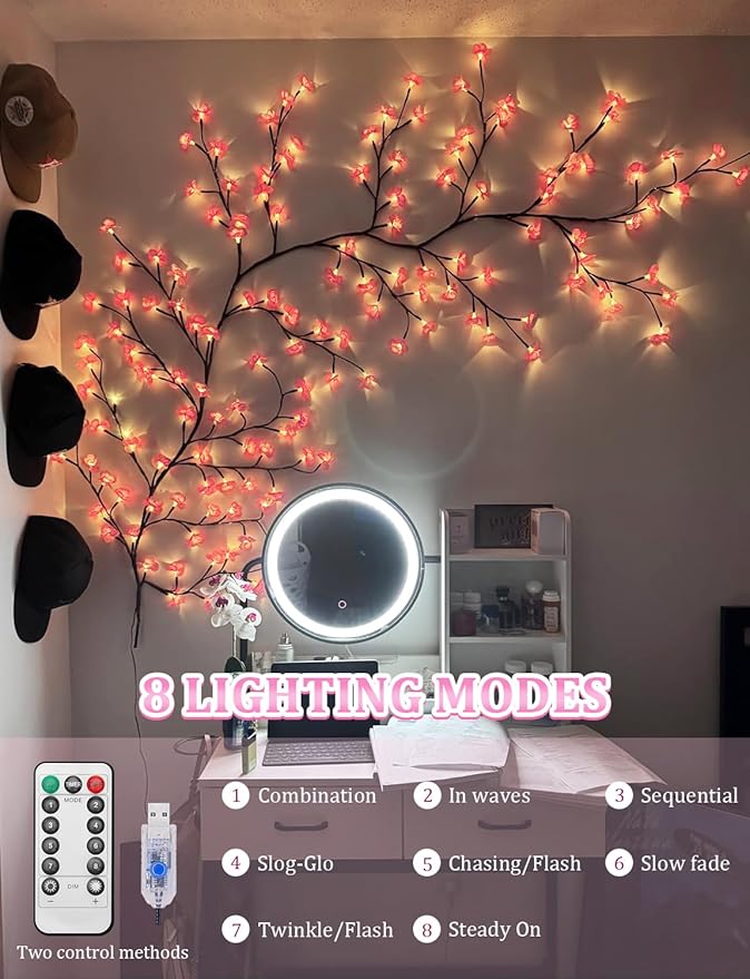 5.25 FT 72 LED Cherry Blossom Tree Branch Lights for Wall,8 Modes Artificial Pink Cherry Blossom Garland with Remote and Timer,Willow Vine Lights for Bedroom,Sakura Wall Decor