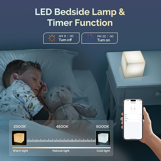 LOFTEK Smart LED Cube Lights, RGBCW Color Change Atmosphere Lights Rechargeable Bedside Lamp, Music Sync,Timer, Dimmable Night Lights for Bedroom, Compatible with Alexa & Google Assistant