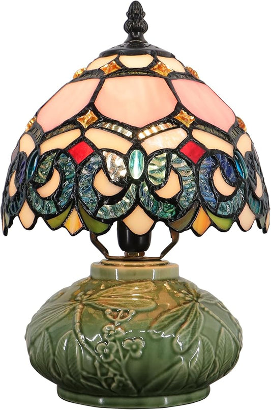 Small Tiffany Lamp Mushroom Table Lamp, Mini Stained Glass Desk Light Memory Sympathy Ceramic lamp 8X11 Inch (Pink Baroque Style)