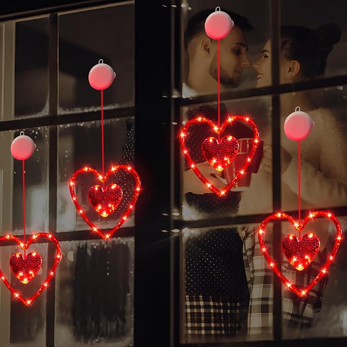 3 Pack Valentines Day Window Lights Decorations with Timer, Battery Powered Hanging Red Lighted Heart Shaped Silhouette Sucker LED Lamp for Fireplace Indoor Home Decor