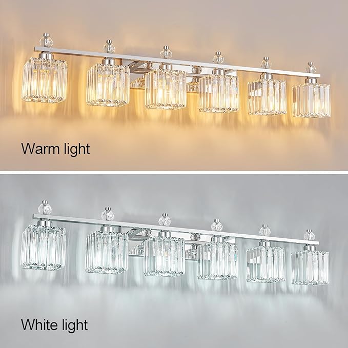 Vanity Lights 6-Light Modern Crystal Vanity Light Chrome Bathroom Light Fixtures Over Mirror Crystal Bathroom Vanity Lighting Fixtures