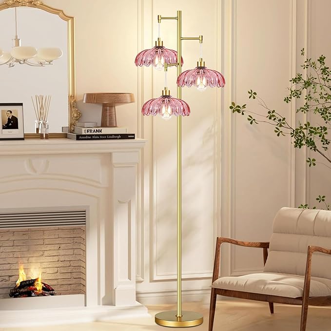 Pink Floor Lamp for Living Room,Bedroom,Gold Mid Century Modern Standing Lamp Brass Tree 3 Light Tall Floor Lamps Glass Floor Lights Flower Lamp Shade Girls Kids Boho Bohemian
