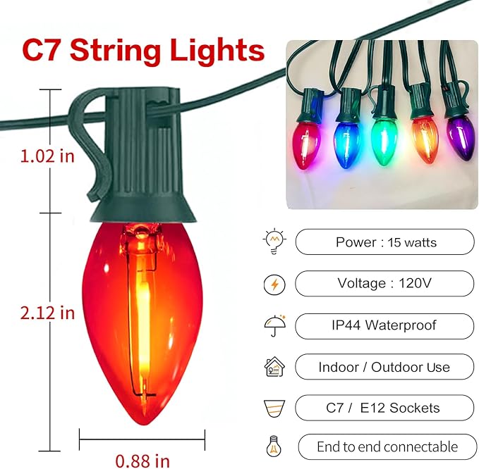 25FT C7 LED Christmas Lights Indoor Outdoor, 25 Multicolor Waterproof Bulbs, Connectable Dimmable String Lights Perfect for Roof Tree Fence and Patio Vintage Style