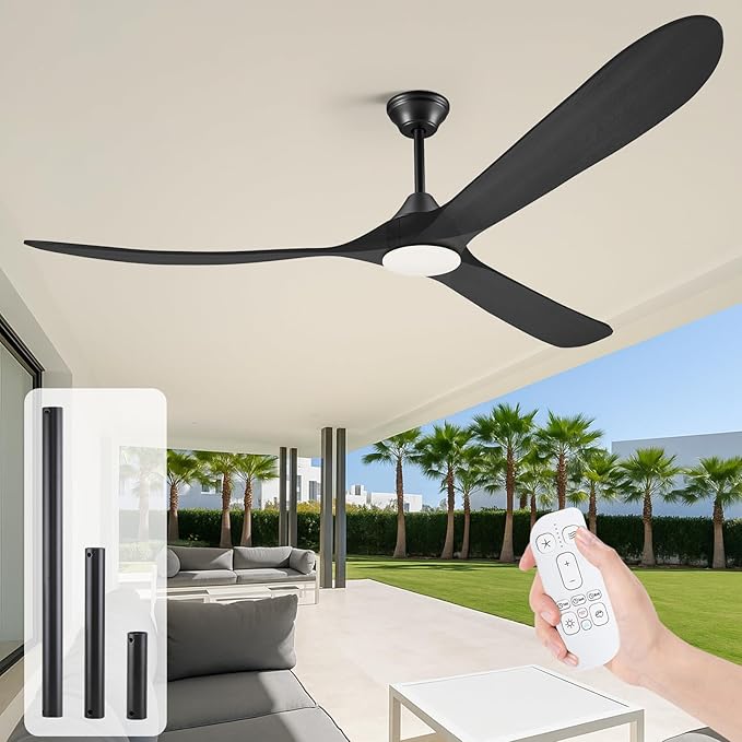70 Inch Black Outdoor Ceiling Fans for Patios with Light, Large Modern Wood Ceiling Fan with Light and Remote, Quiet Reversible Dc Motor, Propeller Indoor Exterior Ceiling Fan for Gazebo Garage Porch