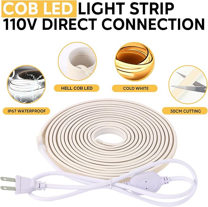 110V COB LED Strip Lights Ip67 Waterproof LED Light Strip for Mirror Indoor Use and Holiday Decorations (Warm White, 32.8ft)
