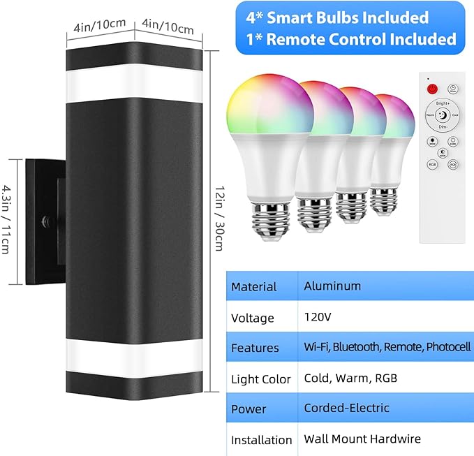 SHIMR Smart RGB Outdoor Wall Lights 2 Pack, WiFi App Control Color Changing Up Down Exterior Sconce with Dusk to Dawn Sensor, Waterproof LED Wall Mount Light Fixture, Compatible with Alexa & Google
