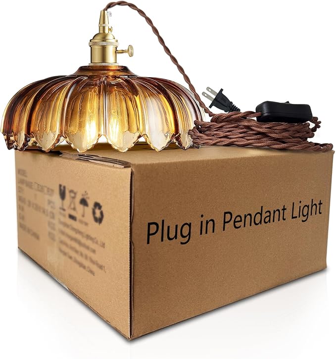Plug in Pendant Light: Amber Glass Hanging Lamp Plug in, 14.7ft Swag Lamp Cord with On/Off Switch for Kitchen Island/Dining Room/Bedroom/Living Room Hanging Light, No Bulb