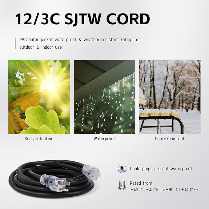 EP 50Ft Outdoor Extension Cord, 12/3 SJTW Heavy Duty Waterproof Power Cable, 3 Prong Grounded Plug, Lighted End, for Lawn, Garden, Appliances, Black